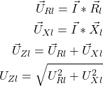 Rendered by QuickLaTeX.com \begin{align*}\vec U_{Rl}=\vec I*\vec R_l \\\vec U_{Xl}=\vec I*\vec X_l \\\vec U_{Zl}=\vec U_{Rl}+\vec U_{Xl} \\U_{Zl}=\sqrt{U_{Rl}^2+U_{Xl}^2}\end{align*}
