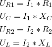 \begin{align*} &U_{R1}=I_1*R_1 \\ &U_C=I_1*X_C \\ &U_{R2}=I_2*R_2 \\ &U_L=I_2*X_L \end{align*}