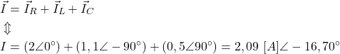 \begin{align*}&\vec I=\vec I_R+\vec I_L+\vec I_C \\&\Updownarrow \\&I=(2 \angle 0^\circ)+(1,1 \angle -90^\circ)+(0,5\angle 90^\circ)=2,09 \ [A] \angle -16,70^\circ\end{align*}