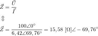 \begin{align*} &\vec Z=\frac{\vec U}{\vec I} \\ &\Updownarrow \\ &\vec Z=\frac{100\angle 0^\circ}{6,42\angle 69,76^\circ}=15,58 \ [\Omega]\angle -69,76^\circ \end{align*}