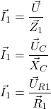Rendered by QuickLaTeX.com \begin{align*}&\vec I_1=\frac{\vec U}{\vec Z_1} \\&\vec I_1=\frac{\vec U_C}{\vec X_C} \\&\vec I_1=\frac{\vec U_{R1}}{\vec R_1}\end{align*}