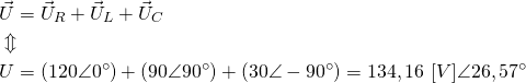 \begin{align*} &\vec U=\vec U_R+\vec U_L+\vec U_C \\ &\Updownarrow \\ &U=(120 \angle 0^{\circ})+(90 \angle 90^{\circ})+(30 \angle -90^{\circ})=134,16 \ [V] \angle 26,57 ^{\circ} \end{align*}