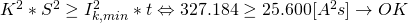 K^2*S^2\geq I_{k,min}^2*t \Leftrightarrow 327.184 \geq 25.600 [A^2 s] \rightarrow OK