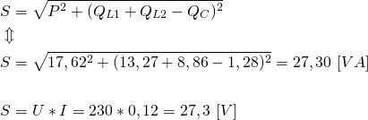 \begin{align*} & S=\sqrt{P^2+(Q_{L1}+Q_{L2}-Q_C)^2} \\ &\Updownarrow \\ & S=\sqrt{17,62^2+(13,27+8,86-1,28)^2}=27,30 \ [VA] \\ \\ & S=U*I=230*0,12=27,3 \ [V] \end{align*}