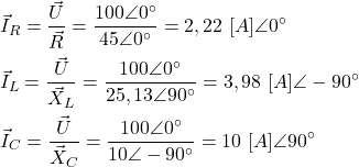\begin{align*}&\vec I_R=\frac{\vec U}{\vec R}=\frac{100\angle 0^\circ}{45 \angle 0^\circ}=2,22 \ [A]\angle 0^\circ \\&\vec I_L=\frac{\vec U}{\vec X_L}=\frac{100 \angle 0^\circ}{25,13 \angle 90^\circ}=3,98 \ [A]  \angle -90^\circ \\&\vec I_C=\frac{\vec U}{\vec X_C}=\frac{100 \angle 0^\circ}{10 \angle -90^\circ}=10 \ [A] \angle 90^\circ\\\end{align*}