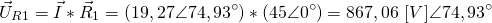 \[\vec U_{R1}=\vec I*\vec R_1=(19,27\angle 74,93^\circ)*(45\angle 0^\circ)=867,06 \ [V] \angle 74,93^\circ\]