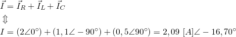 \begin{align*} &\vec I=\vec I_R+\vec I_L+\vec I_C \\ &\Updownarrow \\ &I=(2 \angle 0^\circ)+(1,1 \angle -90^\circ)+(0,5\angle 90^\circ)=2,09 \ [A] \angle -16,70^\circ \end{align*}