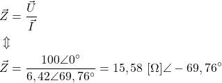 \begin{align*}&\vec Z=\frac{\vec U}{\vec I} \\&\Updownarrow \\&\vec Z=\frac{100\angle 0^\circ}{6,42\angle 69,76^\circ}=15,58 \ [\Omega]\angle -69,76^\circ\end{align*}