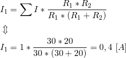\begin{align*} &I_1=\sum I*\frac{R_1*R_2}{R_1*(R_1+R_2)} \\ &\Updownarrow \\ &I_1=1*\frac{30*20}{30*(30+20)}=0,4 \ [A] \end{align*}