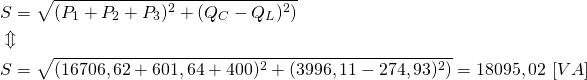 \begin{align*} & S=\sqrt{(P_1+P_2+P_3)^2+(Q_C-Q_L)^2)} \\ &\Updownarrow \\ & S=\sqrt{(16706,62+601,64+400)^2+(3996,11-274,93)^2)}=18095,02 \ [VA] \end{align*}